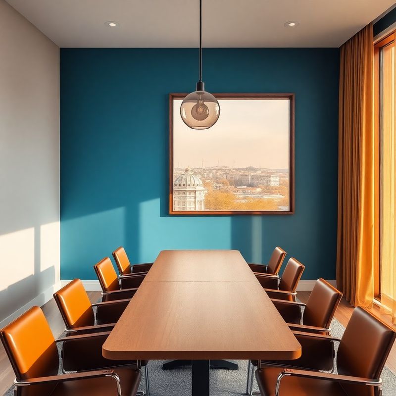 Sala de ședințe interioară ConsultIQ cu perete accent azuriu